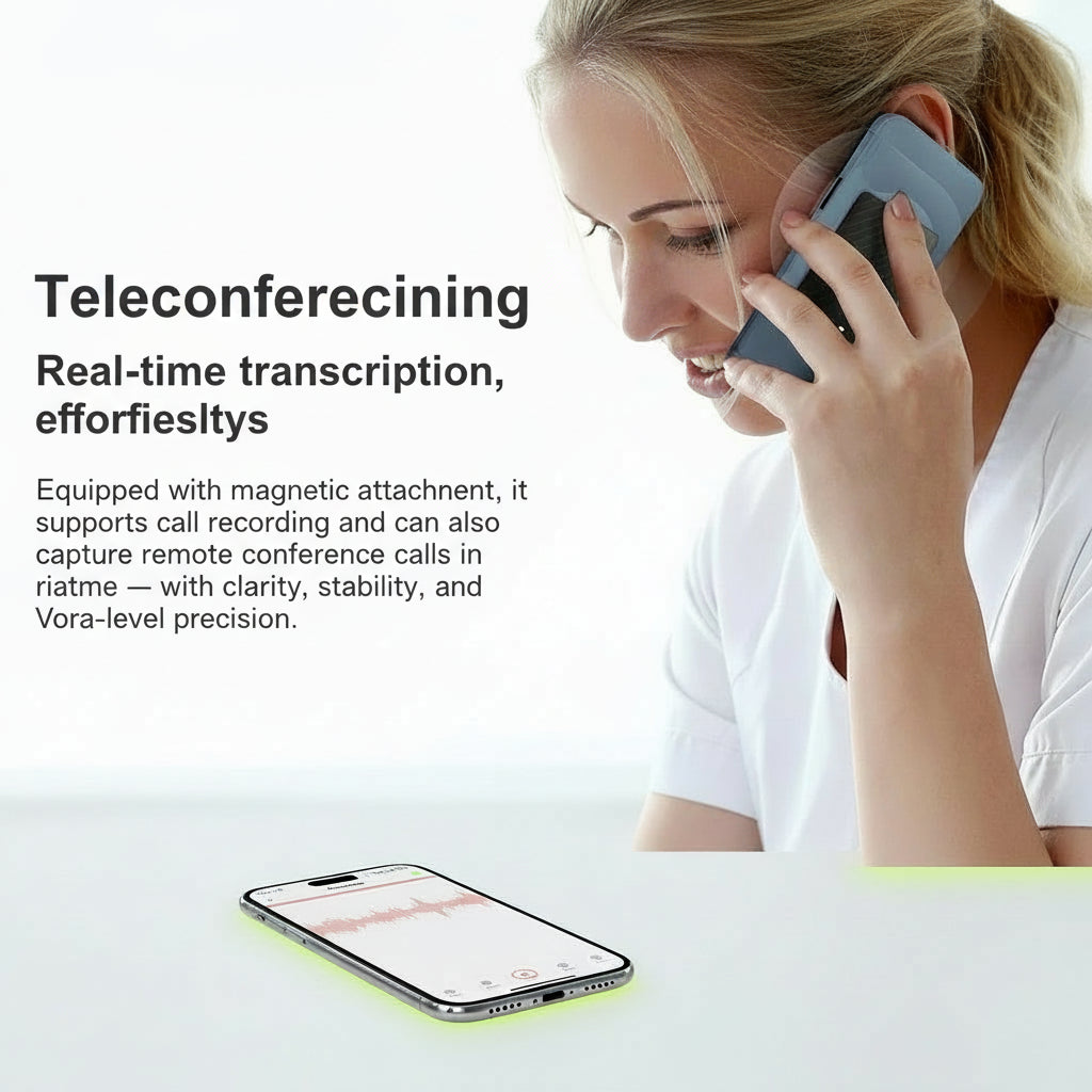 Teleconferencing
Real-time transcription, effortlessly

Equipped with magnetic attachment, it supports call recording and can also capture remote conference calls in real time — with clarity, stability, and Vora-level precision.